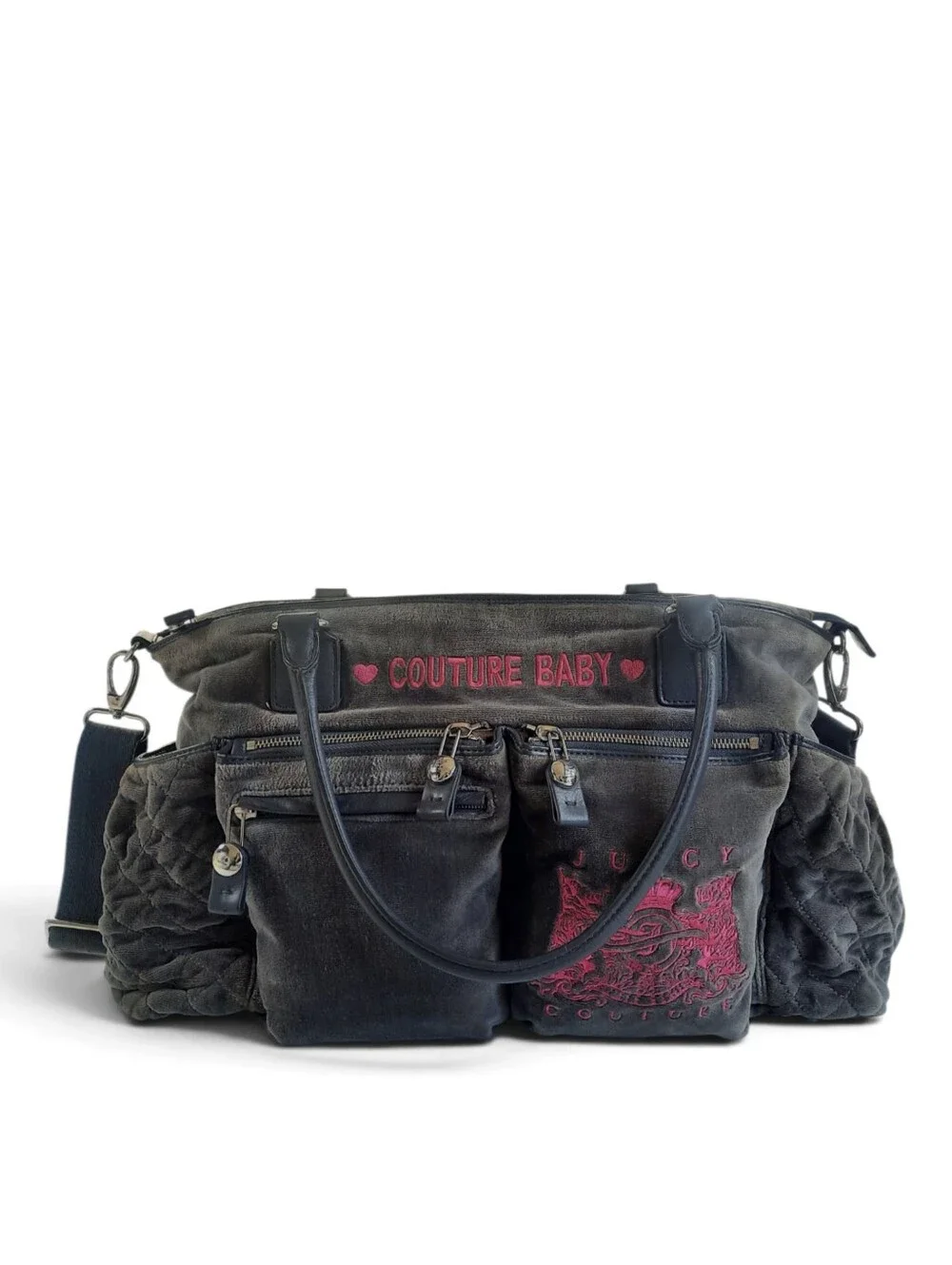JUICY COUTURE Baby Bag Weekender Terry Velour Bib Duffle Crossbody Gray Pink Y2K